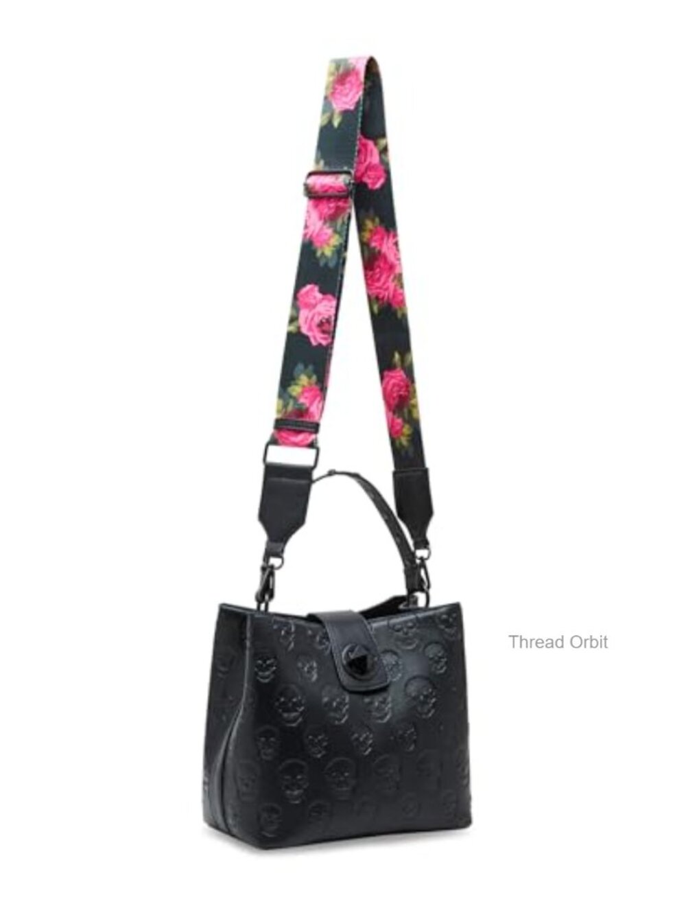 Faux Leather Bucket Bag with Skull Design and Crossbody Strap